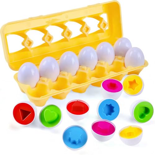Image of MAGIFIRE Toy Eggs for Toddlers 1-3 - 12 Matching Plastic Eggs, Assorted Colors and Shapes - Fun Easter Gift for Toddlers - Montessori Matching and Sorting Set - STEM Educational Toy