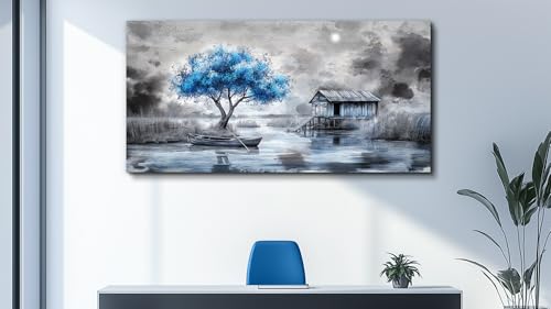 Large Wall Decor for Living Room Stretched and Framed Canvas Wall Art for Office Wall Decorations for Bedroom The Blue Tree Paintings The Hut Picture Artwork Home Decor Ready to Hang
