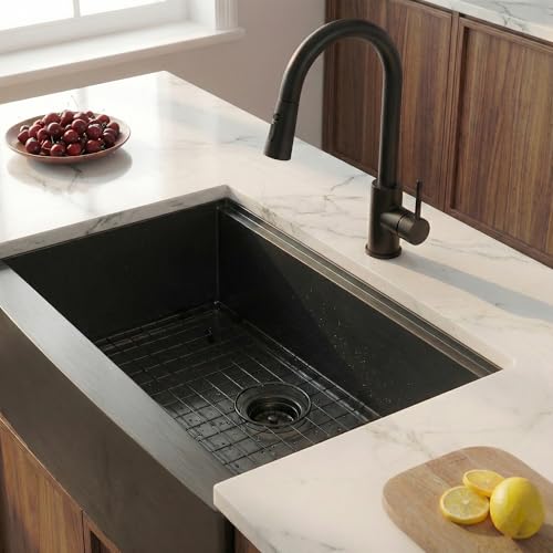 Image of 33 Inch Farmhouse Sink, Gunmetal Black Stainless Steel Apron Front Undermount Single Bowl Farm Kitchen Sink 33x20x9 16 Gauge with Accessories