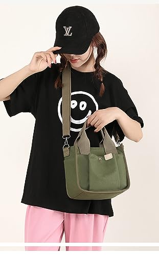 Image of Small Canvas Tote Bag with Zipper, Canvas Multi-Pocket Crossbody Bag Purse Top Handle Satchel Handbags