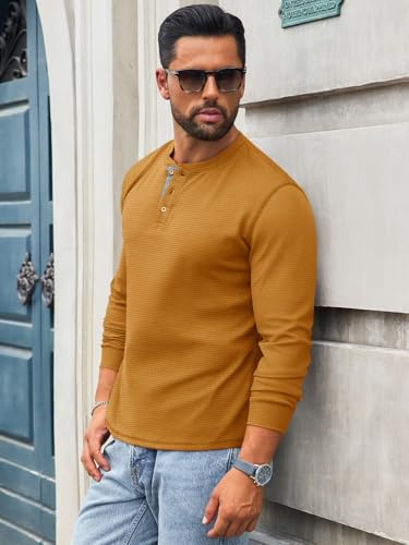 Runcati Mens Henley Long Sleeve Shirts Waffle Button Casual Basic Lightweight Tops3