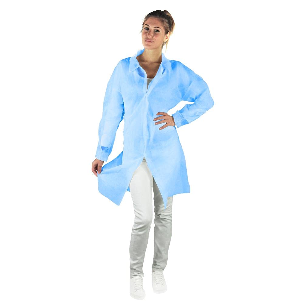 Camice monouso in TNT di polipropilene (PP), 30 g/mq, chiusura con bottoni clip, colore azzurro, taglia XL