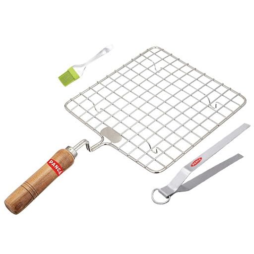 Image of AADHIK Papad Jali Roast With Spatula and Tong, Paneer Grill, Roti Maker, Barbeque Square Jali Roaster Chapati Toast Grill Wooden Handle Vegetable tandoor net, Baigan Bharta
