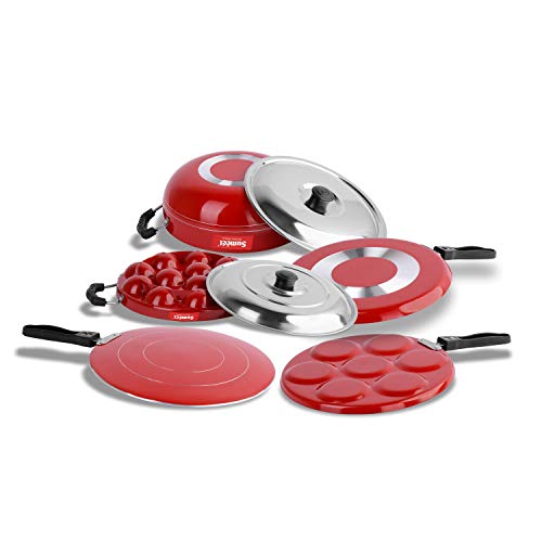 Image of Sumeet Non-Stick Aluminum Cookware Set (Dosa Tawa - 26.5 cm; Multi Snack Maker - 26.5 cm; D Kadhai with Lid 1.5 L; Grill Appam Patra with Lid - 23 cm; Concave Tawa -28 cm, 2.6 mm Thick, Ruby Red)