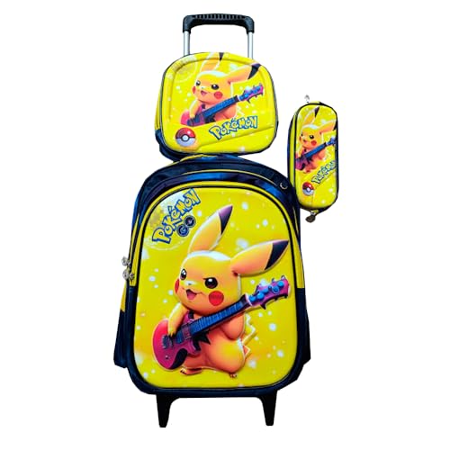 Kit Mochila Infantil com Rodinhas Escolar Pokemon Pikachú 3D + Lancheira Térmica + Estojo