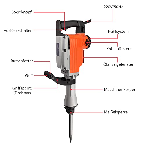 Abbruchhammer JUSTOOL Stemmhammer 45J Schlagstärke 1800 RPM Bohrhammer-Set 1500W Bohrhammer Betonhammer mit 360° drehbarer Vordergriff inkl. 2 Meißel und Koffer für Graben, Absplittern oder Bohren – Bild 6