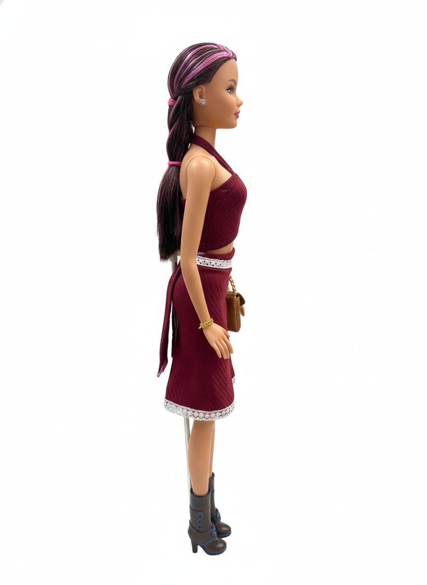 TAPANIYA ENTERPRISE Miss World Collection: Premium 24 inch Fashion Doll with Maroon Halter Dress and Purple Streaked Hair β Includes Trendy Brown Boots & Matching Purse for Kids 1