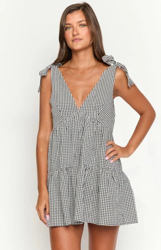 Image of utcoco Women's 2025 Summer A Line Flowy Plaid Mini Dress Y2k Tie Shoulder Babydoll Dress Beach Vacation Outfits