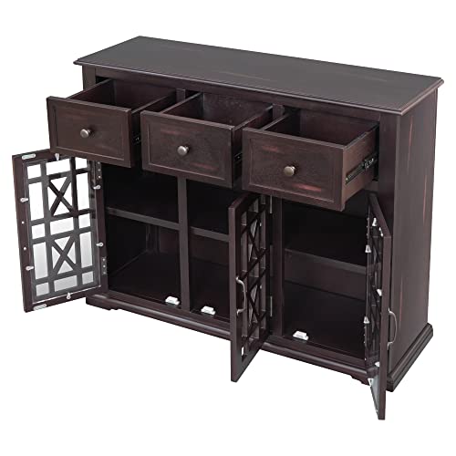 Knocbel Modern Buffet Sideboard Storage Cabinet With 3 Glass Doors, 3 Drawers And Fixed Shelf, Entryway Hallway Foyer Console Table Cupboard Coffee Bar Cabinet With Iron Handles, Wine Red #TOP3