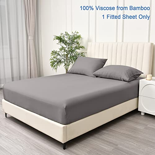 PHF 100% Rayon Derived from Bamboo Cooling Fitted Sheet Twin Size for Hot Sleeper, 16" Deep Pocket, 2.5cm Wider Strong Elastic Easy Fit, Breathable Silky Smooth Soft, 39"x 75",Grey, No Pillowcases
