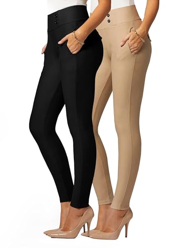Conceited 2-Pack Stretch Slacks for Women - Wear to Work - Slim Leg Dress Pants with Pockets - Khaki, Black - (Small)