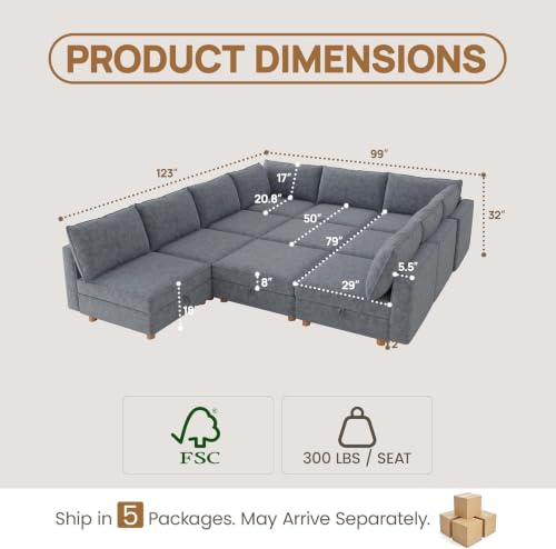 Image of 99 inch Chenille Modular Sofa Bed with Washable Covers & Storage, 10-Seater Modular Sectional Sleeper Sofa Bed with Movable Ottoman Chaise, Convertible Sleeper Sectional Couches for Living Room, Gray