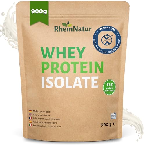 RheinNatur Whey Protein Isolate 900 g - Molkenprotein-Isolat, 91% Eiweißanteil, glutenfrei, ohne Zuckerzusatz