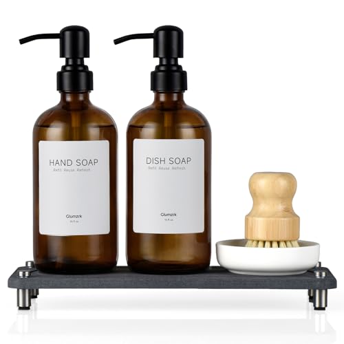 2 Pack Kitchen Soap Dispenser Set - 16oz Amber Glass Dish and Hand Soap Dispenser with Stainless Steel Pump Instant Dry Tray Dish Brush & Holder Refillable Countertop Sink Decor for Kitchen & Bath