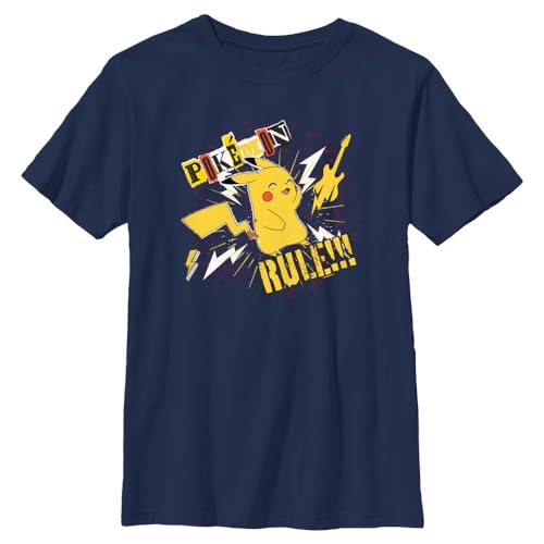 Pokemon Kids Rule Guitar - Camiseta de Manga Corta para niños, Azul Marino, X-Large