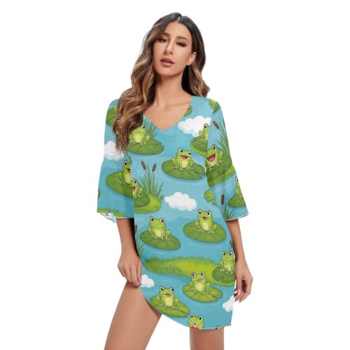 Robe d'été imprimée hawaïenne femmes col en V style grenouilles vertes