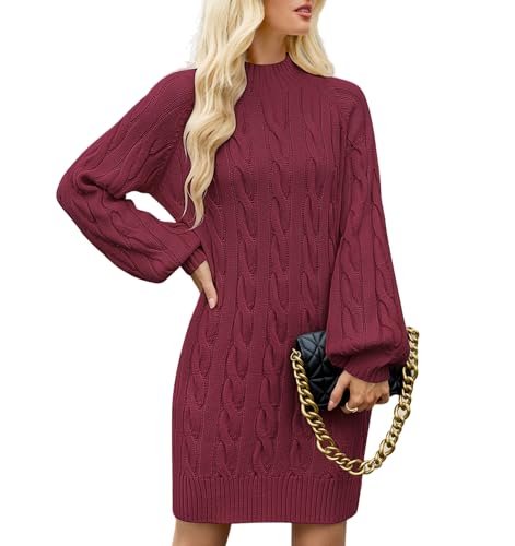 YUURQTY Sweater Dress for Women 2025 Fall Winter Trendy Long Sleeve Crewneck Knit Mini Dress Casual Pullover Oversized Sweaters Dresses Wine red M
