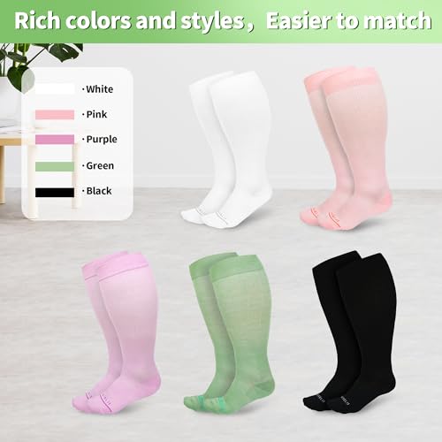 Image of UISLII Plus Size Compression Socks Wide Calf Women Men,5 Pairs 20-30mmHg Extra Width Calf Viscose Knee High Compression Socks for Circulation Support
