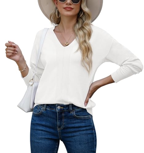 PrinStory Vrouwen V-hals truien breien lange mouw tops voor dames effen kleur sweatshirts - Afbeelding 3