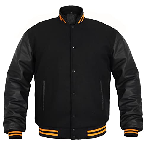 Image of Deckra Men's Varsity Jacket Genuine Leather Sleeve and Wool Blend Letterman Boys College Varsity Jackets XS-5XL