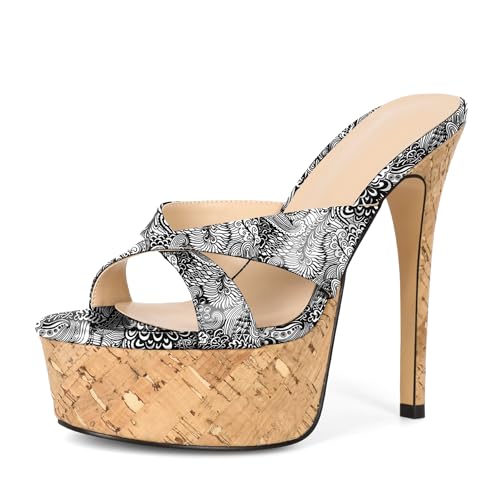 Image of Esvowido Heeled Mules for Women Cork Platform Stiletto Heels Slip on Open Toe High Heeled Sandals Crisscross Slippers Pumps Shoes