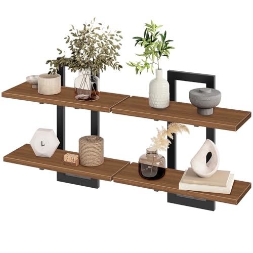 Image of HOOBRO Floating Shelves, 15 Inch Wall Shelf Set of 2, Wall Mounted Storage Shelves 2-Tier, Hanging Bathroom Shelves, for Living Room, Bedroom, Bathroom, Kitchen, Walnut and Black BH32BJ01