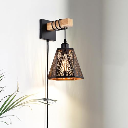 Image of Plug in Wall Sconces Set of 2,Forest Tree Black Rustic Wall Sconces,Farmhouse Metal Wall Mounted Lamp,Industrial Wooden Wall Light fixtures Indoor,Wall Lights for Living Room,Bedroom,Bedside