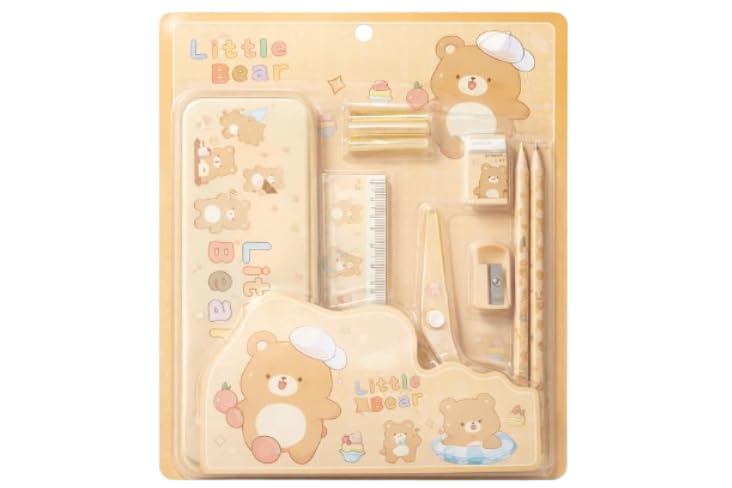 Little Bear Kids Stationery Set | Cute School Kit with Notebook, Ruler, Pencil, Sharpener & Eraser | Portable Study Kit for Kids | Gift Set, Durable, Lightweight, Cartoon Design-image-0