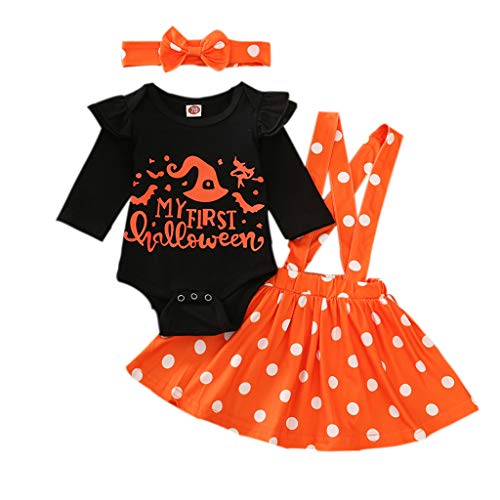 Halloween Toddler Infant Baby Girl Holiday Clothes Long Sleeve Top Pumpkin/Turkey Suspender Skirt Outfit Set (Halloween-Orange Letter,6-12 Months)