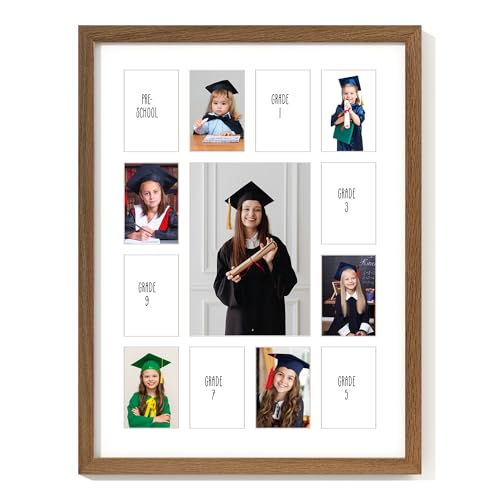 Axeman 12x16 School Years Picture Frame K-12 Day Graduation Photo Collage Solid Oak Picture Frame With Mat - Displays One 5x7 Photo and Twelve 2.5x3.5 Pictures Hanging Hardware Included Walnut