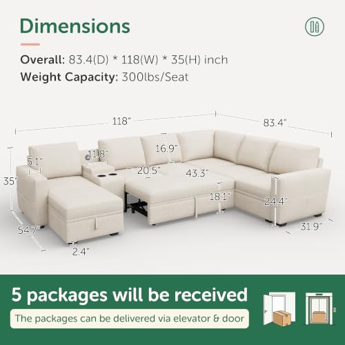 Image of HONBAY Modular Sleeper Sofa with Pull Out Bed, Central Console, Beige