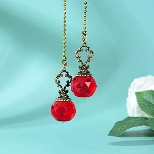 Image of Set of 2 Vintage-Style Red Fan Pull Ceiling Fan Chain Pulls Crystal Prism Ball