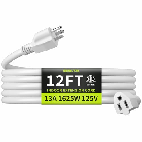 16/3 White Extension Cord 12 FT Indoor Extension Cord for Laptops Coffee Makers Office Home Appliances 3 Prong Resistant Cable Flexible 13A 125V 1625W ETL Listed