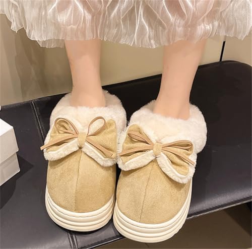 Rungion Cute Bow Winter Slipper for Women Plush Lined House Slip-On Shoes Outdoor Non-slip Warm Platform Suede Slipper2