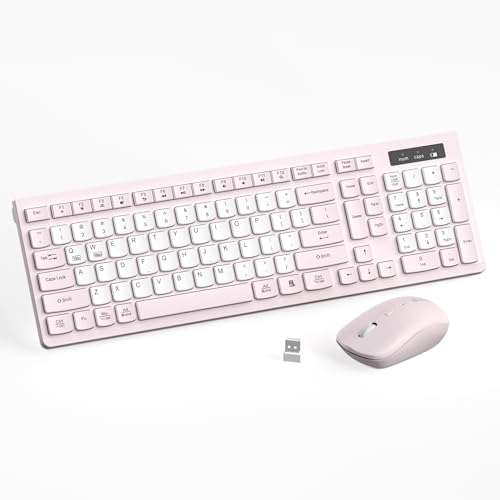 Wireless Keyboard and Mouse Combo, Full-Sized Quiet Wireless Keyboard and Adjustable DPI Mouse, 2.4GHz USB Receiver, Keyboard and Mouse for PC, Windows, Desktop, Laptop (Pink and White-B)