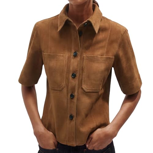 Women's Faux Suede Button Down Shirts Short Sleeve Business Casual Lapel Collared Shirt Jackets with Pockets