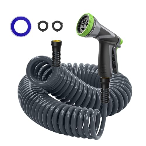 Coil Hose 3/8 EVA Coil Garden Hose 25 FT Curly Water Hose Lightweight with Metal Connectors and Swivel Handle Retractable Garden Hose Includes 8-Pattern Spray Nozzle for Boat Yard Patio