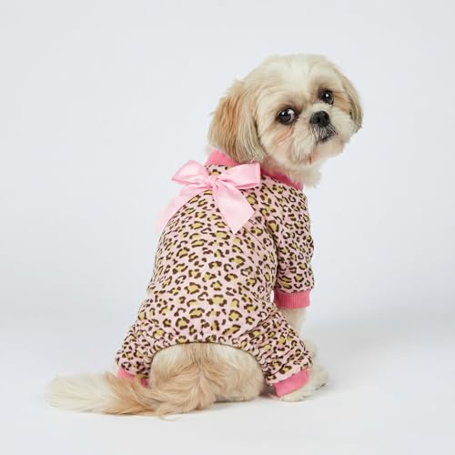 Image of Fitwarm Leopard Dog Pajamas, Fleece Dog Clothes for Small Dogs Girl with Legs, Pet Onesie, Cat Outfit, Pink, Large