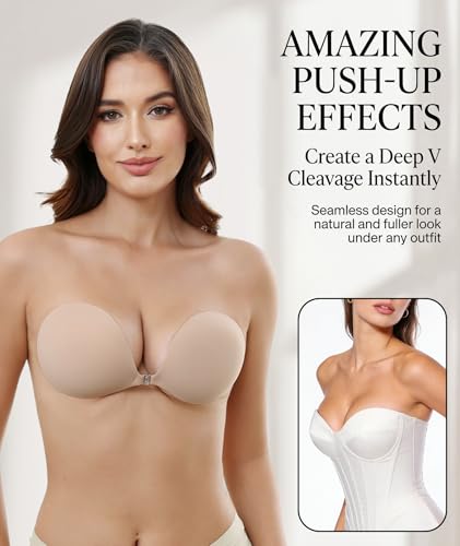 Image of MITALOO Sticky Bra Slicone Adhesive Bra Seamless Push Up Invisible Strapless Backless Covers for Women Dark Nude