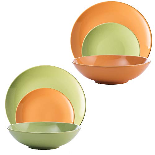 United Colors Of Benetton. Pk1997 Set Color Combinado Verde Y Naranja, En Porcelana: Vajilla De 36 Piezas Para 12 Servicios Llano, Hondo Y Plato De Postre, Gres