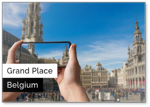 Imán para nevera con texto en inglés 'Tourist Taking Photo of Grand Place (Grote Markt) en Bruselas, Bélgica. Hombre sosteniendo el teléfono y tomando fotos