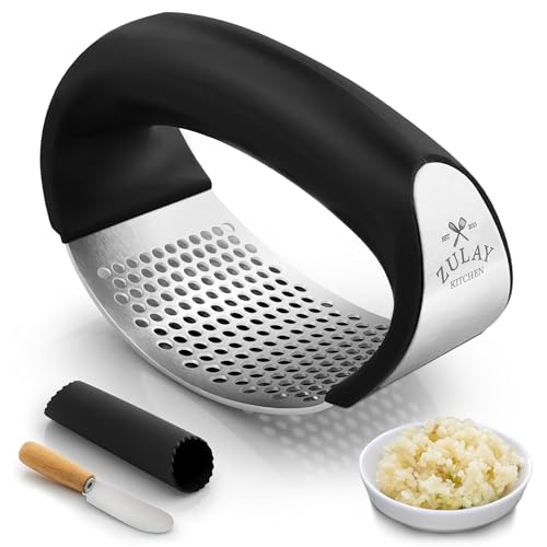 Zulay Kitchen Knoblauchpresse Wippe aus Edelstahl Premium Knoblauchpresse mit Schäler und Schaber - Komfortabler Griff Knoblauch Wiegepresse Edelstahlring Knoblauchwippe Garlic Press (Schwarz)