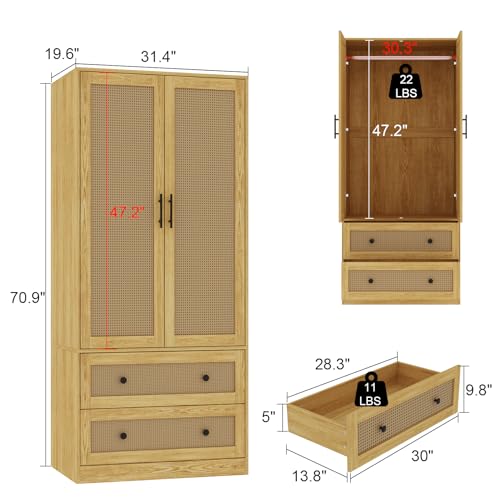 ECACAD Armoire Wardrobe Closet with 2 Rattan Doors & 2 Drawers, Wooden Clothes Storage Cabinet with Hanging Rod for Bedroom, Light Brown - Thumbnail 2