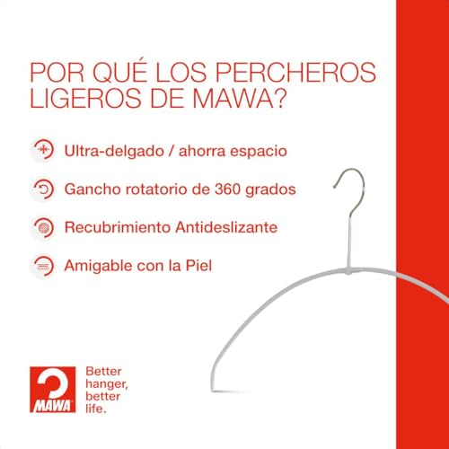 Miniatura 3 de Mawa Perchas Light, Set De 50 Perchas Ahorra Espacio Y Antideslizantes, Ideales Para Camisetas, Tops Y Suéteres Ligeros, Gancho Giratorio 360 , 40 Cm, Blanco