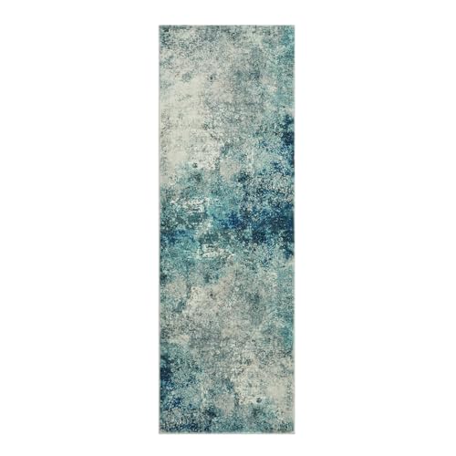 Lahome Modern Abstract Hallway Runner Rug 8ft, Washable 2x8 Rug Runners for Hallways Non Slip, Soft Bathroom Kitchen Runner Non Skid Carpet Runner for Entryway Laundry Bedroom RV, Blue/Grey