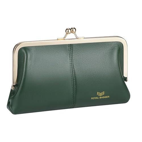 Image of Royal Bagger RFID Kiss Lock Wallet, Solid Color Multi-card Slots Card Holder, Genuine Cow Leather Clutch Purses for Women 1468 (Green (2468))
