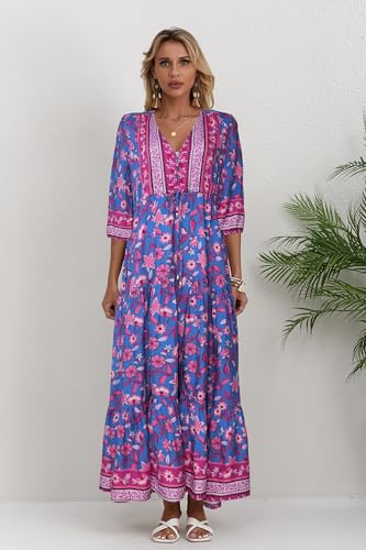 Image of Women Short Sleeve V Neck Floral Print Casual Bohemian Maxi Dresses
