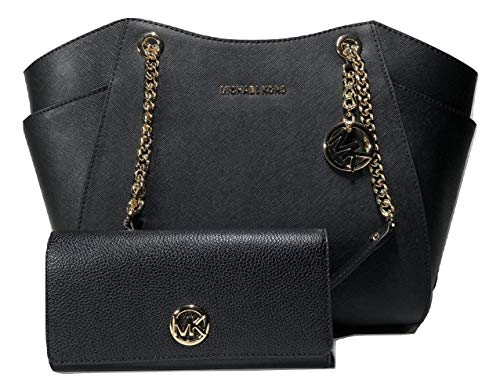 MICHAEL Michael Kors Jet Set Travel Large Chain Shoulder Tote bundled with Michael Kors Fulton Flap Continental Wallet (Black)