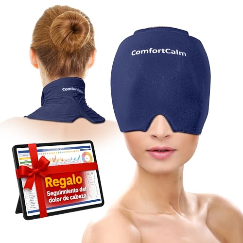ComfortCalm Gorro cabeza y cuello, gorro migraña, gorro dolor cabeza, alivio migraña, gorro gel grado médico, dolor de cabeza, dolor de cuello, Jaqueca, antifaz para dormir, máscara frio (Azul)