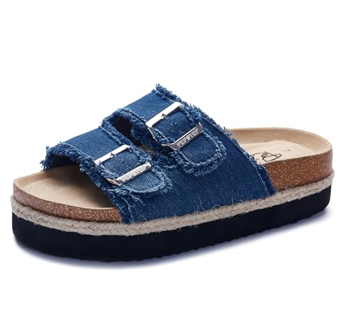 PepStep Slide Sandals for Women with Soft Cork Footbed and Strap, Ladies Fashion Platform Slide Sandals Comfortable Slip On Style(7.5,PLTFnavy)